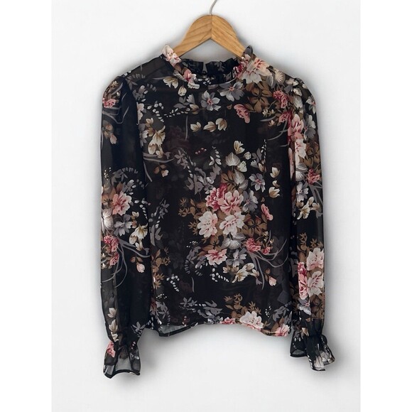 Womens Floral Sheer Blouse Black Long Sleeve Ruffle Neck Romantic Top Small - Picture 4 of 16